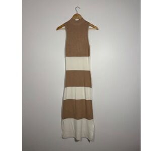 Minimalist Freshman 1996 Womens M Maxi Sweater Dress Tan Cream Striped Mock Neck